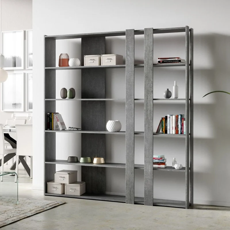 Libreria "Roma" a parete, in legno, con ripiani, per arredamento camere ed interni Composizione C / Cemento