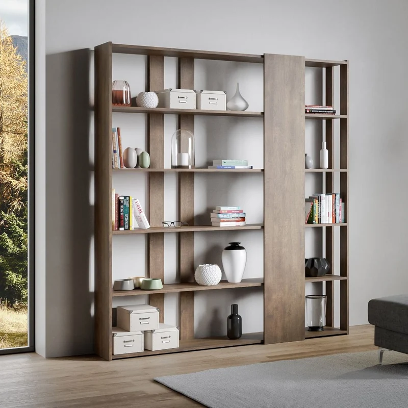Libreria "Roma" a parete, in legno, con ripiani, per arredamento camere ed interni Composizione D / Noce
