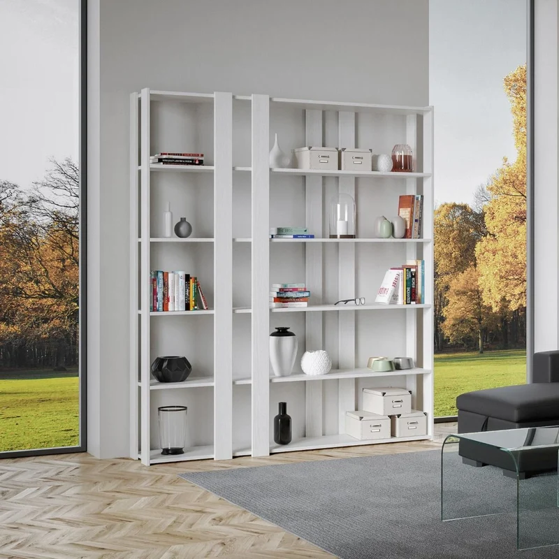 Libreria "Roma" a parete, in legno, con ripiani, per arredamento camere ed interni Composizione E / Bianco Frassino