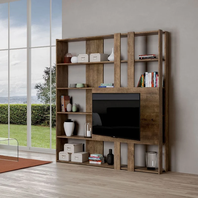 Libreria "Milano" porta TV a parete, in legno, con ripiani, per arredamento camere ed interni Composizione M / Noce