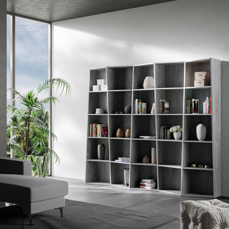 Libreria "Torino" a colonne, in legno, con ripiani, per arredamento camere ed interni 5 colonne / Cemento