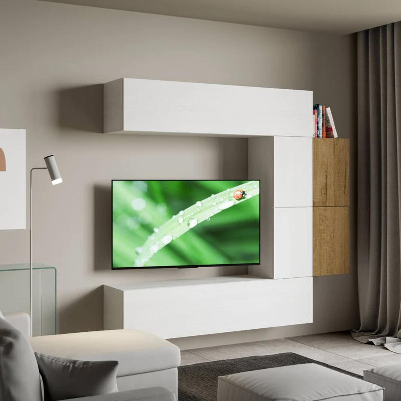 Parete attrezzata per soggiorno porta TV con ripiani per arredamento camere ed interni 214 cm