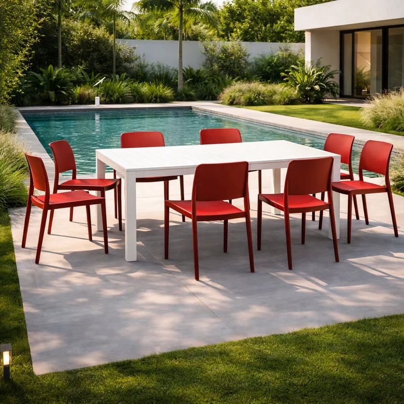 Set tavolo Rio Allungabile 140-210 con 4 poltrone Riva, per esterno e giardino Bianco / Rosso (Bistrot)