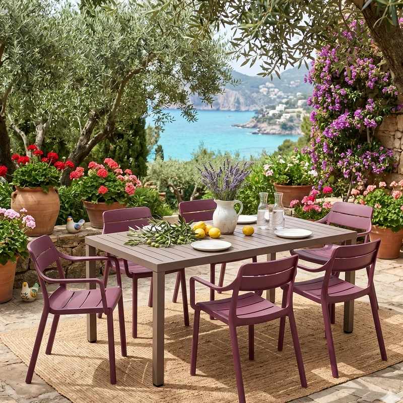 Set tavolo Cube 140x80 con 6 sedie Cassia, per esterno e giardino Made in Italy Tortora / Borgogna