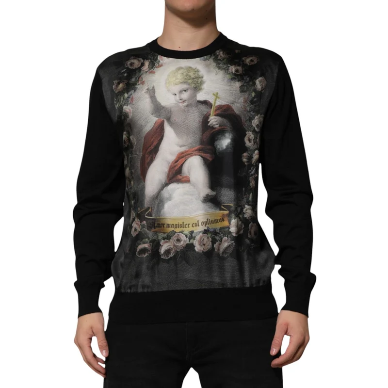Dolce & Gabbana Black Cashmere Cherub Print Baroque Sweater IT44 | XS