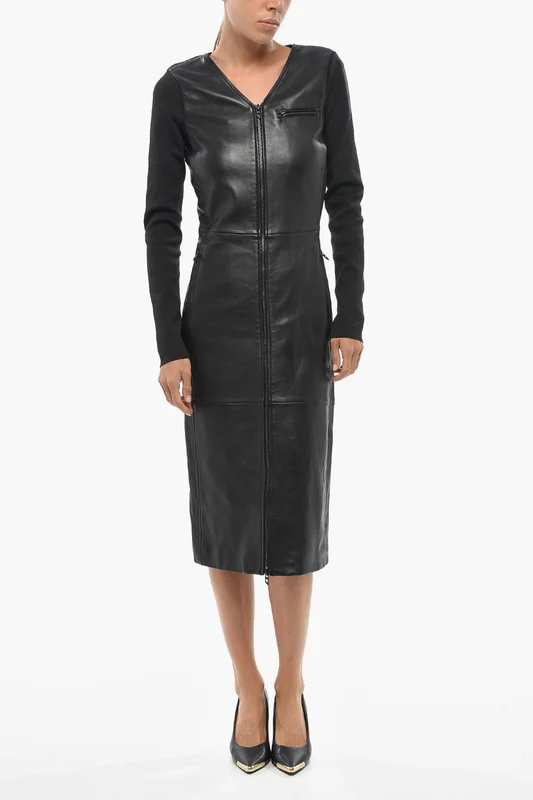 1500~Leather and Ribbed Fabric Midi Dress L-OLA with Front Zip 36