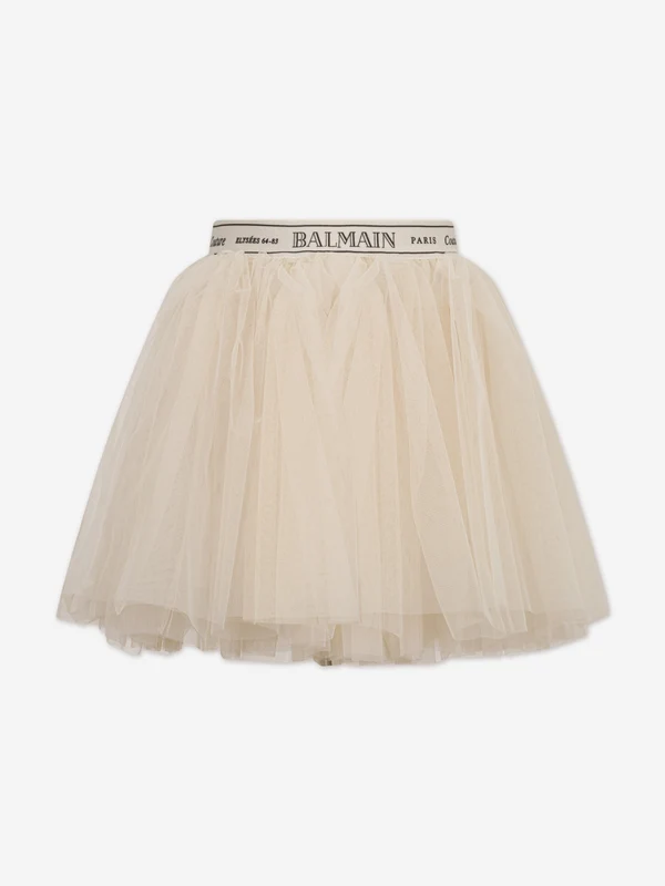 Balmain Girls Logo Waistband Tulle Skirt in Beige Beige / 12 Yrs