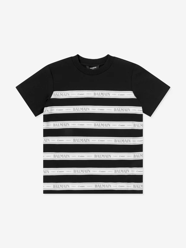 Balmain Kids Striped Logo T-Shirt in Black Black / 13 Yrs