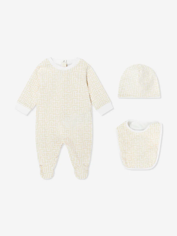 Balmain Baby Monogram Babygrow Set in Beige Beige / 1 Mth