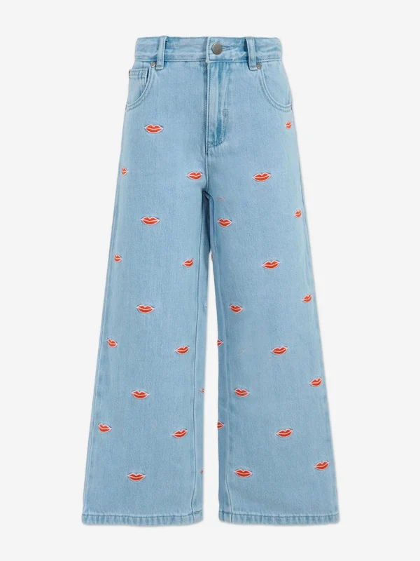 Stella McCartney Girls Embroidered Lips Wide Leg Jeans in Blue Blue / 16 Yrs