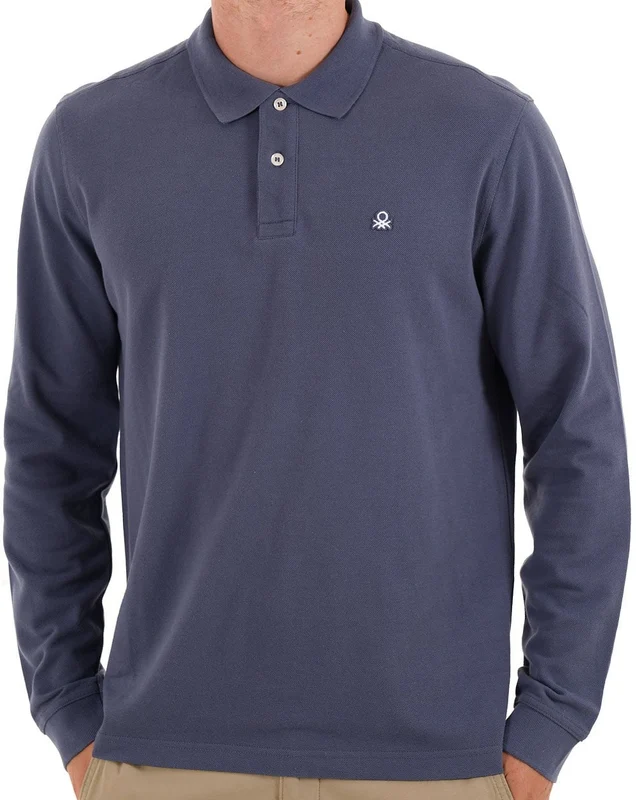Benetton Long Sleeve Polo Shirt Washed Navy L