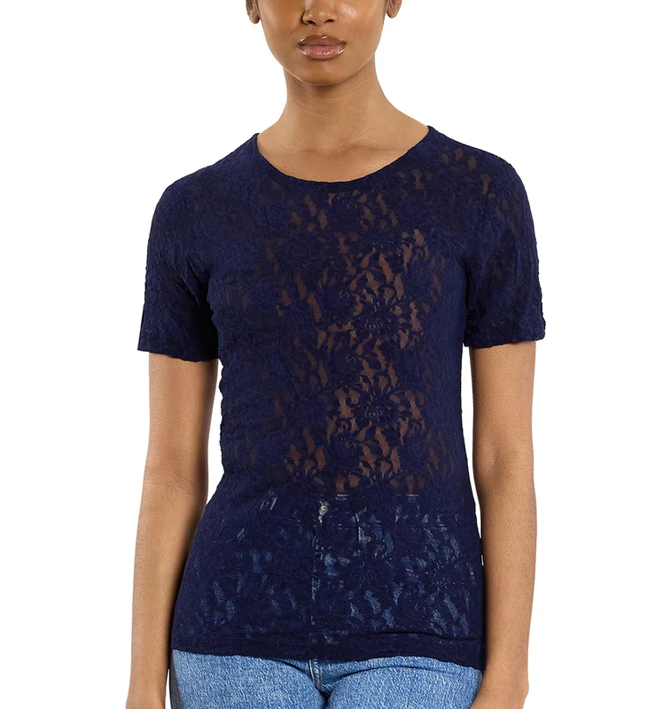 Hanky Panky Signature Lace Short Sleeve Top (48T511) - Navy Large
