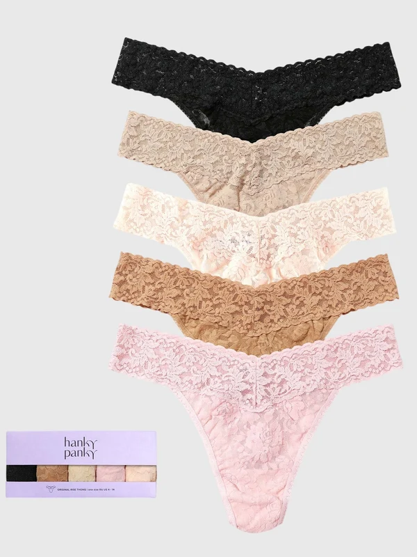 Hanky Panky Women's 5-Pack Signature Lace Low Rise Thong Set O/S / BLACK/SUNTAN/CHAI/VAN