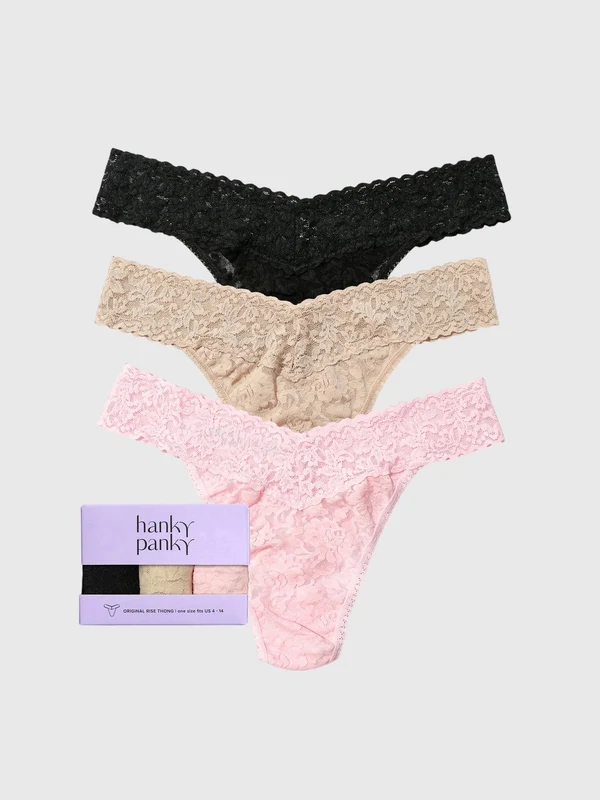 Hanky Panky Women's 3-Pack Signature Lace Original Rise Thong Set O/S / BLACK/CHAI/BLISS