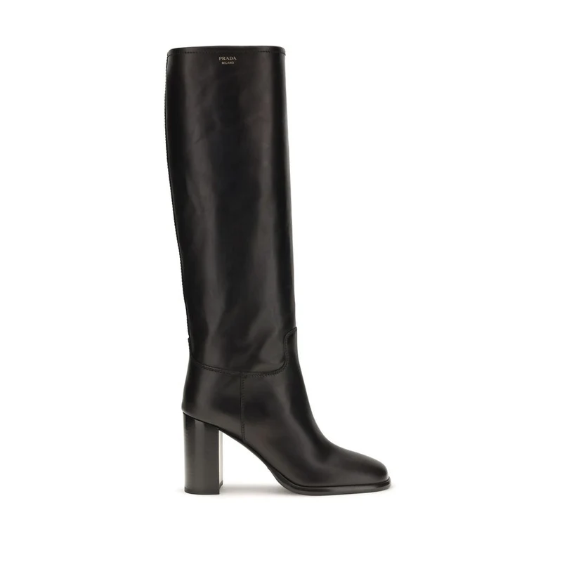 Prada Black Calf Leather Bos Taurus High Heel Boots EU38.5/US8.5