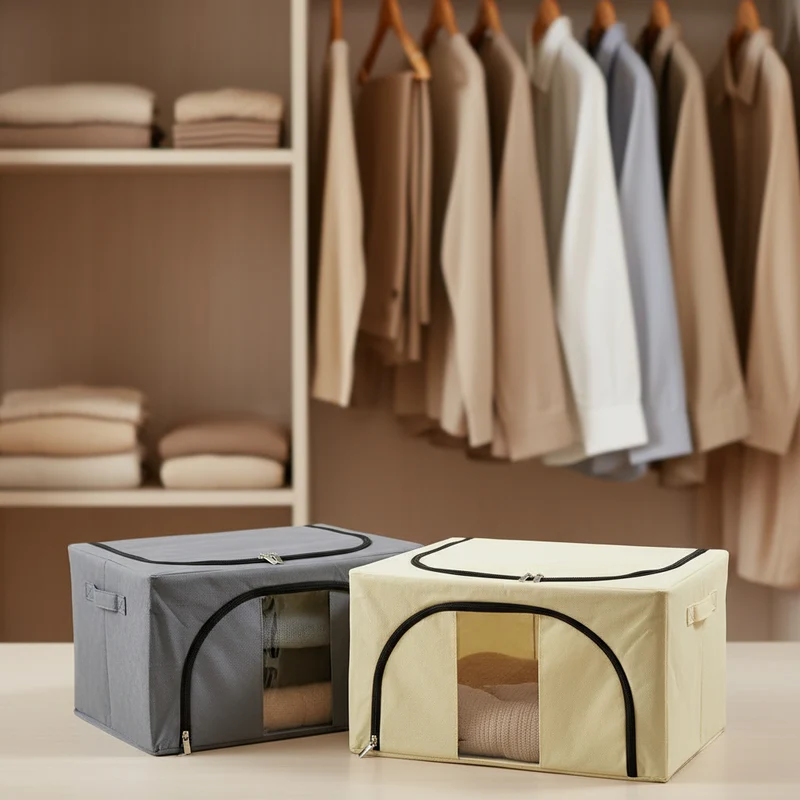 Scatola cambio stagione rigida box in tessuto e metallo per armadio con doppia cerniera 40 x 30 x h 20 cm / Beige