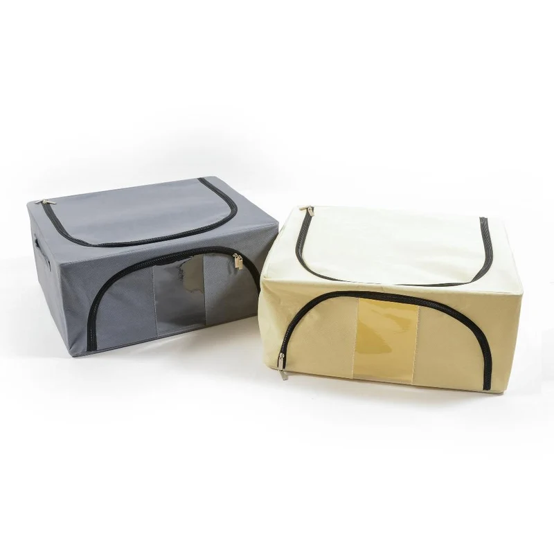 Scatola cambio stagione rigida box in tessuto e metallo per armadio con doppia cerniera 50 x 40 x h 22 cm / Beige