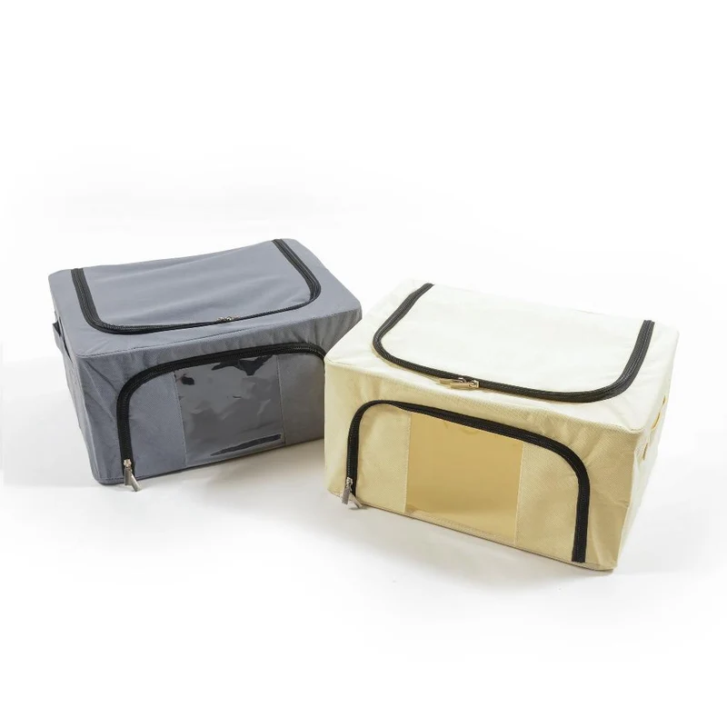 Scatola cambio stagione rigida box in tessuto e metallo per armadio con doppia cerniera 50 x 40 x h 28 cm / Beige
