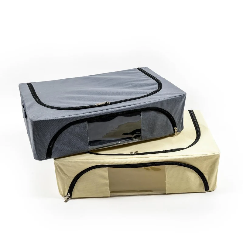 Scatola cambio stagione rigida box in tessuto e metallo per armadio con doppia cerniera 60 x 40 x h 16 cm / Beige