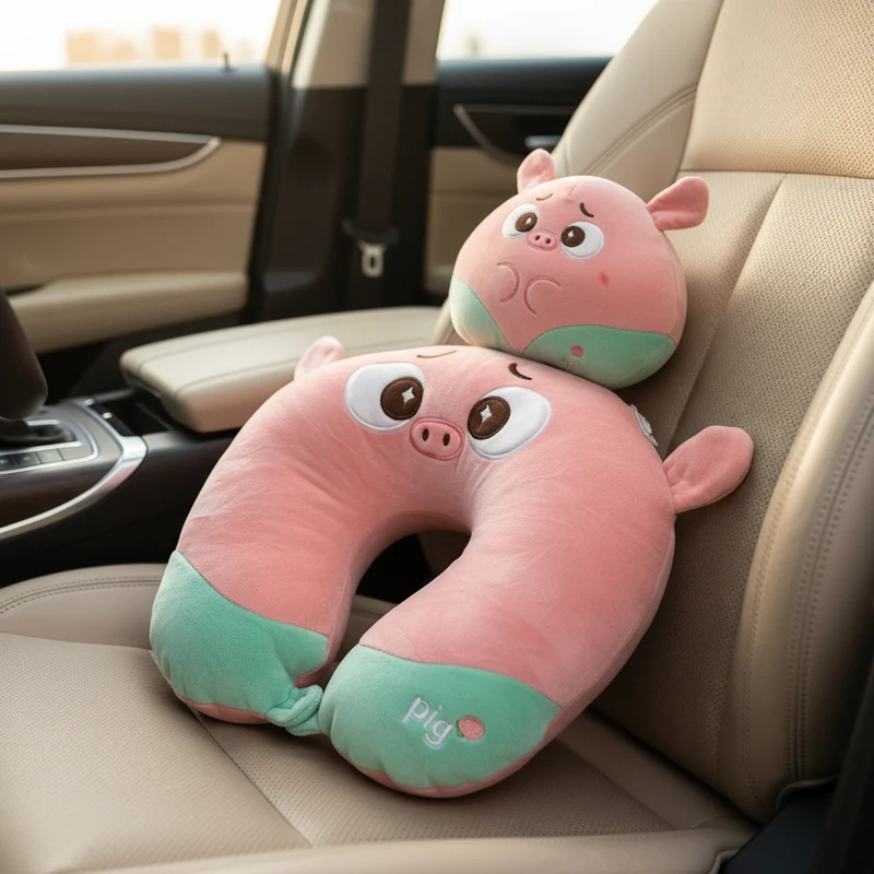 Cuscino da viaggio con peluche a forma di animaletto in poliestere, 28 x 11 x 30 cm Maialino