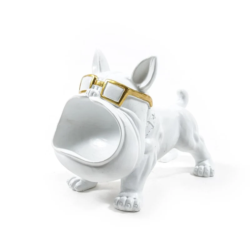 Svuota tasche a forma di bulldog con occhiali e bocca aperta, in resina da 20 cm Bianco