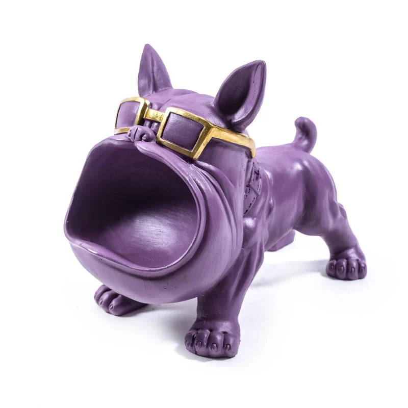 Svuota tasche a forma di bulldog con occhiali e bocca aperta, in resina da 20 cm Purple