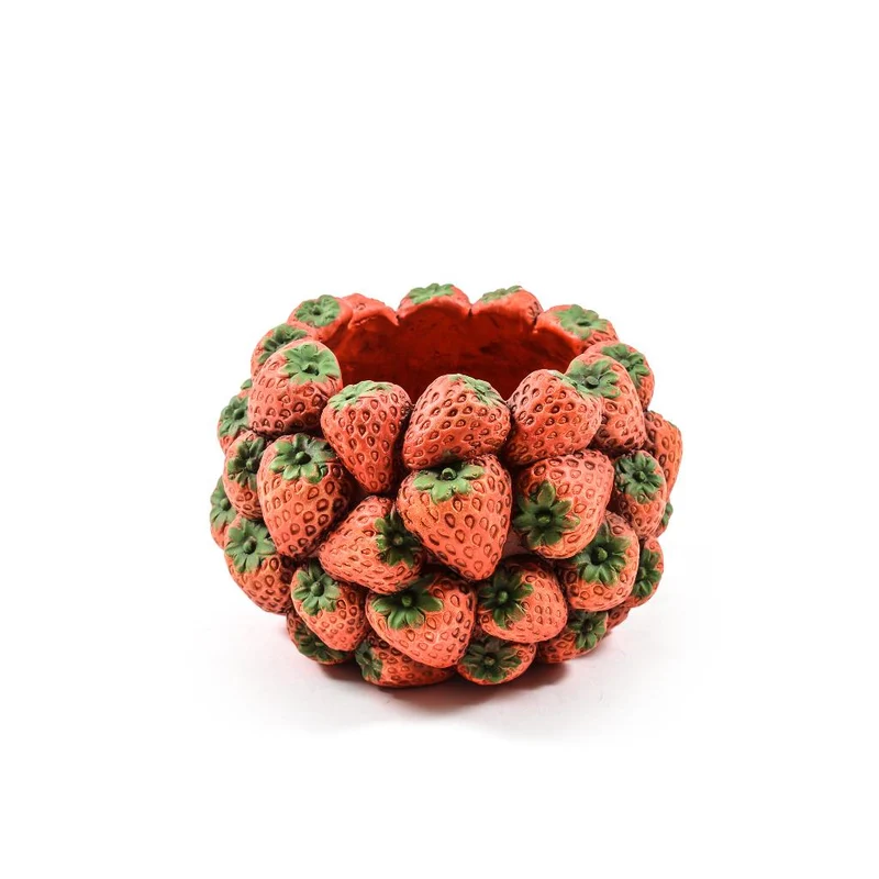 Vaso con fragole in cemento, decorazione per uso interno ed esterno 13.5 cm