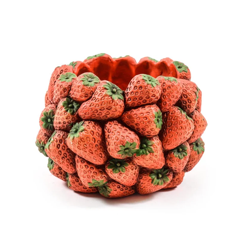 Vaso con fragole in cemento, decorazione per uso interno ed esterno 16 cm