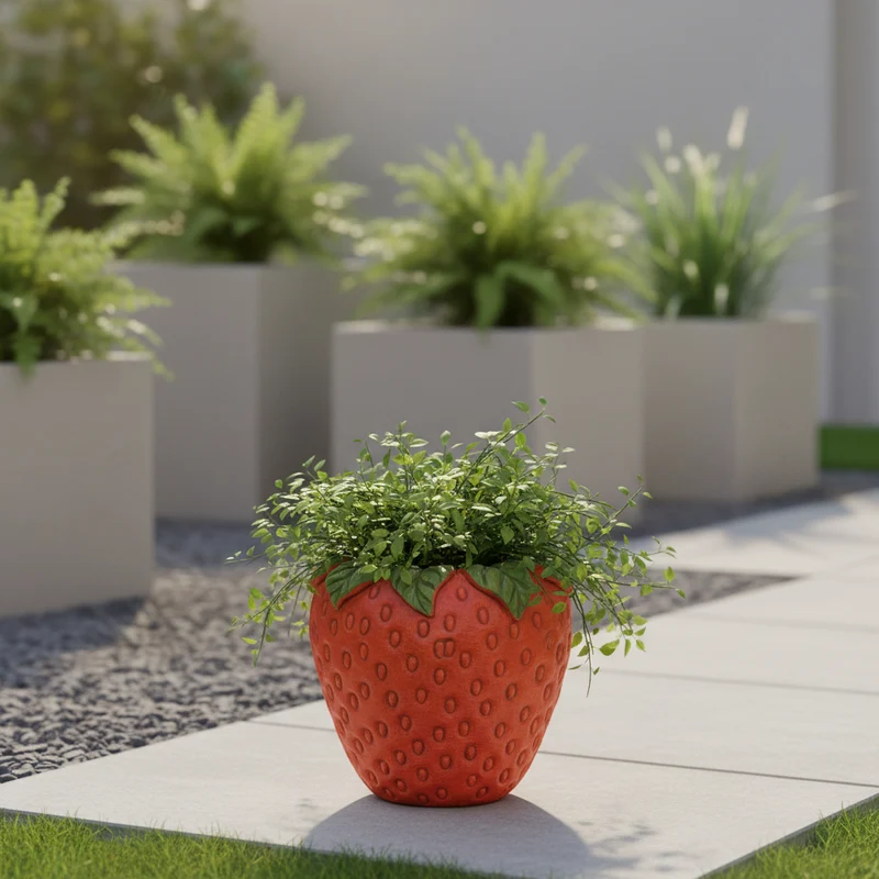 Vaso a forma di fragola in cemento, decorazione per uso interno ed esterno 12.5 cm