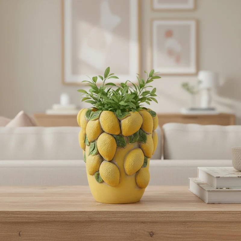 Vaso con limoni in cemento, decorazione per uso interno ed esterno 23 cm