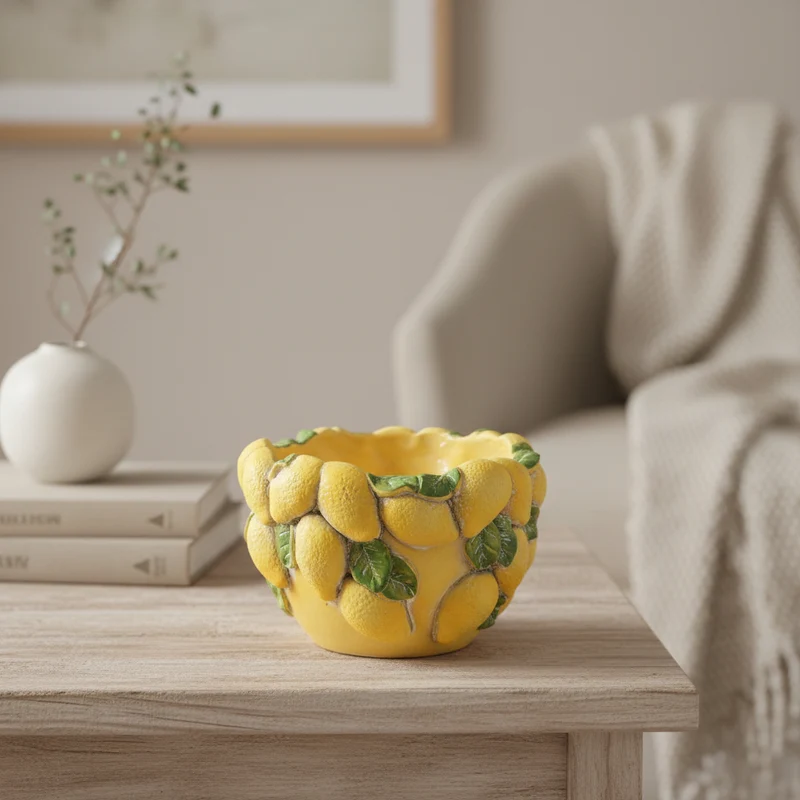 Vaso con limoni in cemento, decorazione per uso interno ed esterno 12 cm
