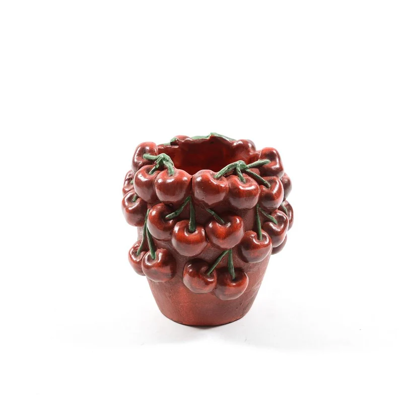 Vaso con ciliegie in cemento, decorazione per uso interno ed esterno 15 cm