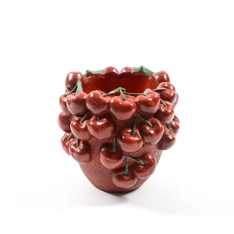 Vaso con ciliegie in cemento, decorazione per uso interno ed esterno 18 cm
