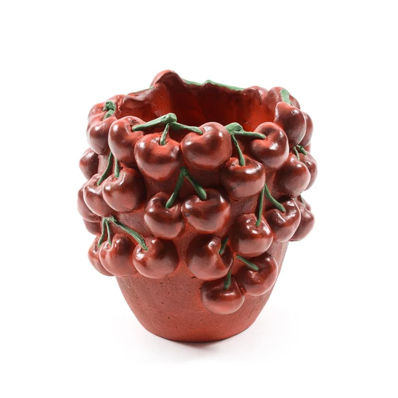 Vaso con ciliegie in cemento, decorazione per uso interno ed esterno 21 cm