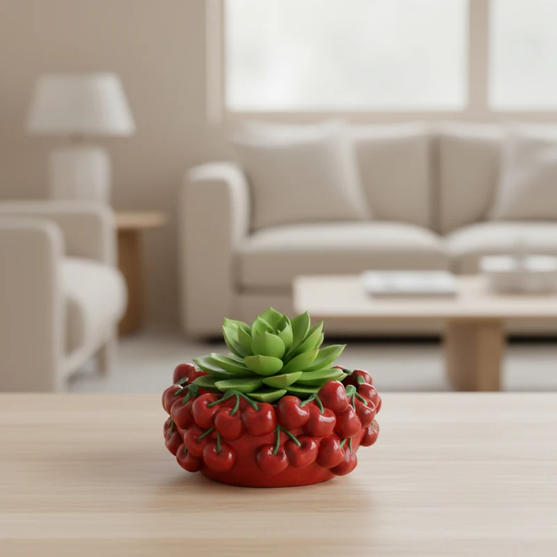 Vaso con ciliegie in cemento, decorazione per uso interno ed esterno 11.5 cm