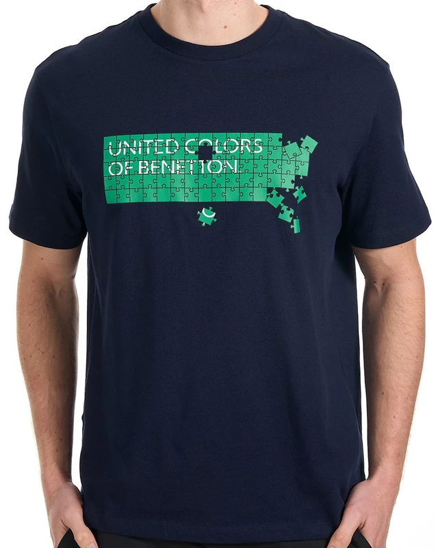 Benetton Jigsaw Logo T Shirt Navy/Green L