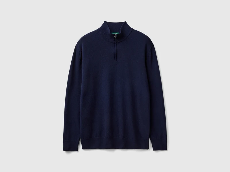 Maglia zippata blu notte in 100% lana Merino EL