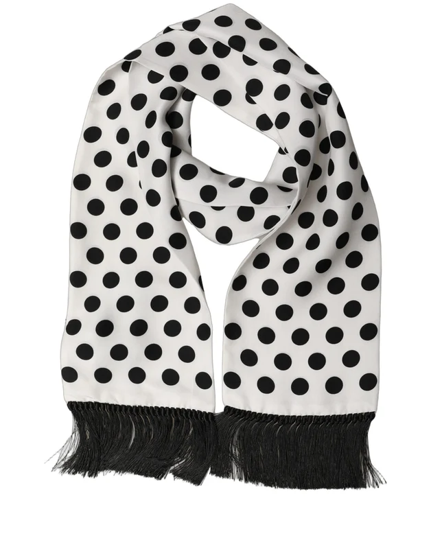 Dolce & Gabbana Black White Polka Dot Fringed Lace Stole Scarf