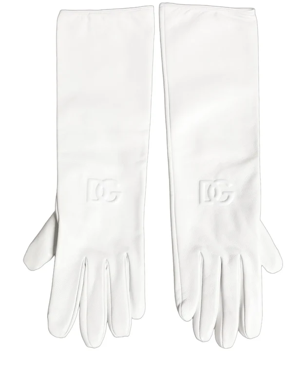 Dolce & Gabbana White Genuine Leather Embossed DG Logo Gloves M