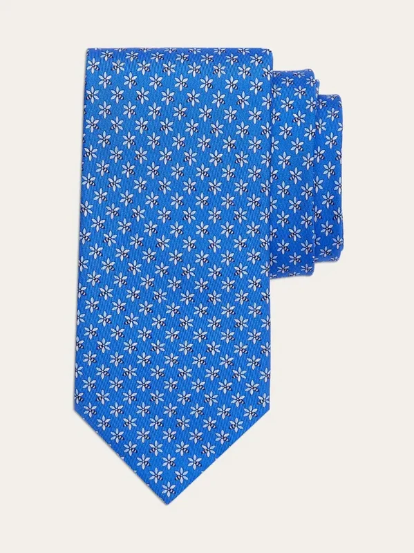 Ferragamo - Men's Flower And Bee Print Silk Tie Light Blue / osz