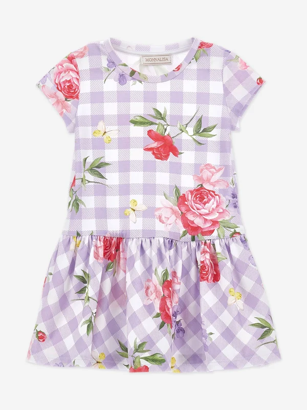 Monnalisa Girls Gingham Flower Dress in Purple Purple / 2 Yrs