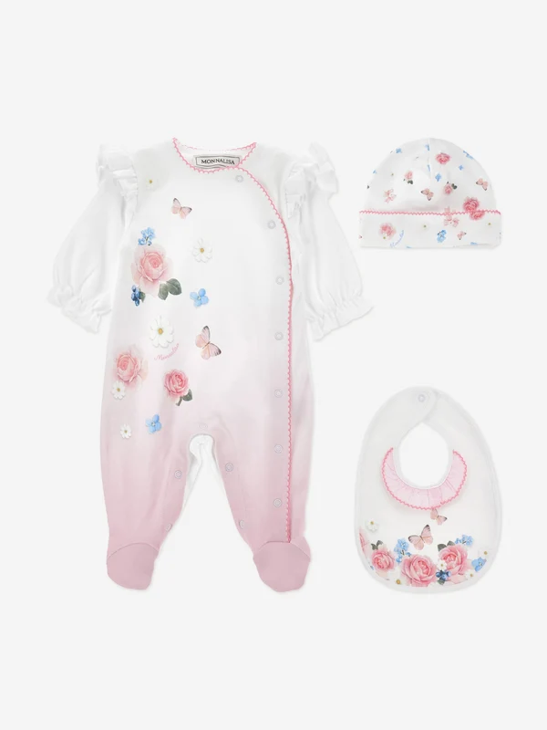 Monnalisa Baby Girls Butterflies and Flowers Babygrow Set in Pink Pink / 3 Mths