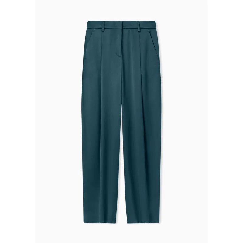 Calça com Pregas Simples em Cetim Duplo de Seda Verde Escuro - 42 IT - 40 BR