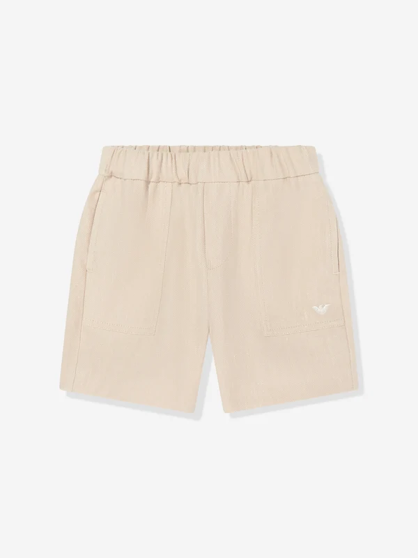 Emporio Armani Baby Boys Linen Logo Shorts in Beige Camel / 12 Mths