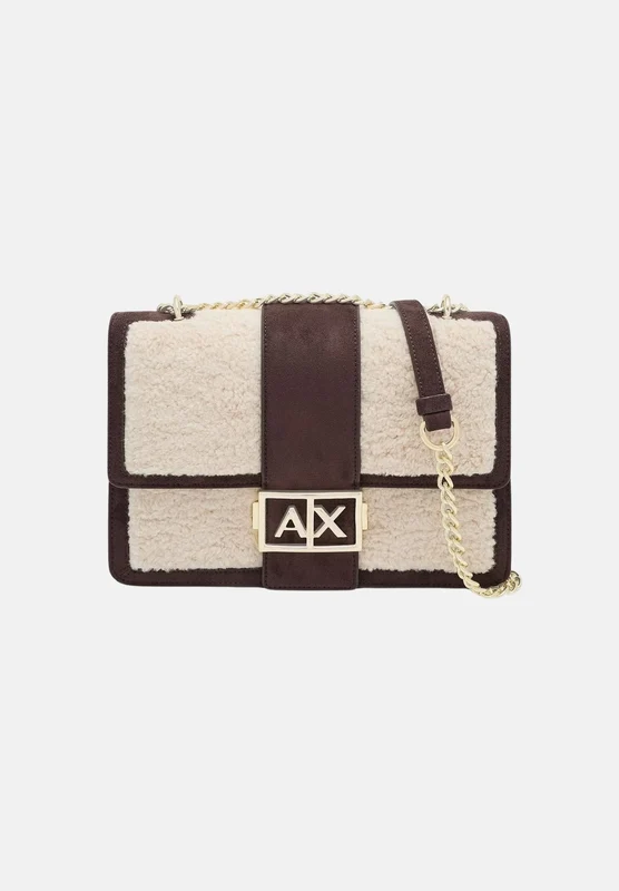 ARMANI EXCHANGE Borsa a tracolla marrone per donna con profili in ecopelliccia e chiusura a patta. UNI