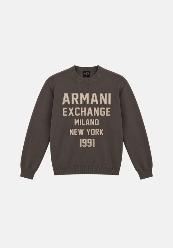ARMANI EXCHANGE Maglione girocollo marrone per uomo con maxi scritta logo sul davanti. M