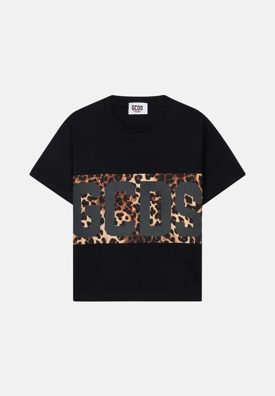 GCDS T-shirt manica corta nera leopardata per donna, ragazzi e bambini con maxi logo stampato 10A - XS