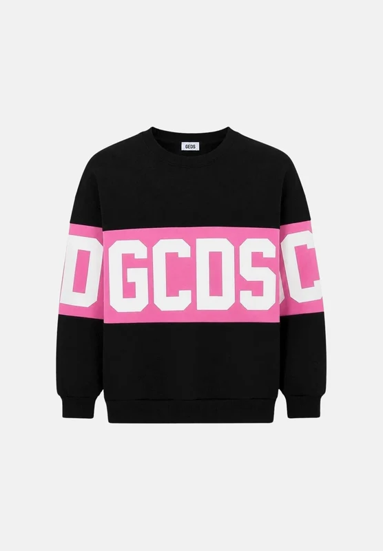 GCDS Felpa girocollo nero- rosa, per donna, ragazzi e bambini con logo iconico 14A - M