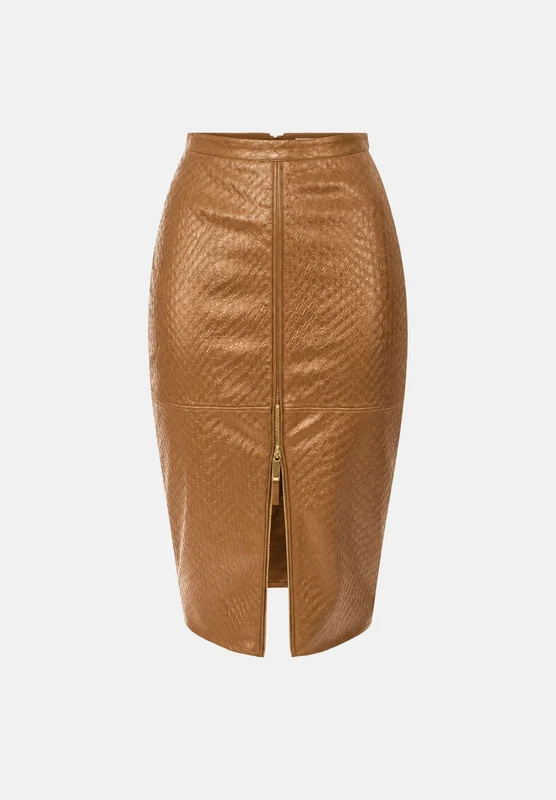 ELISABETTA FRANCHI Gonna midi daino-cuoio per donna effetto pelle e profondo spacco frontale con zip. 42
