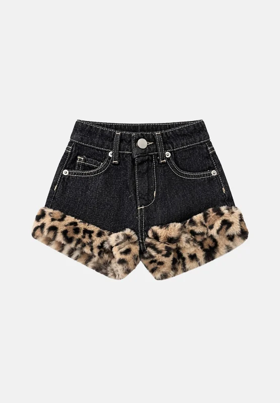 GCDS Shorts in denim nero con inserto animalier nero e beige neonato. 18M
